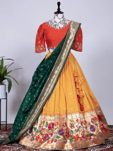 Captivating Yellow Zari Weaving Jacquard Silk Lehenga Choli